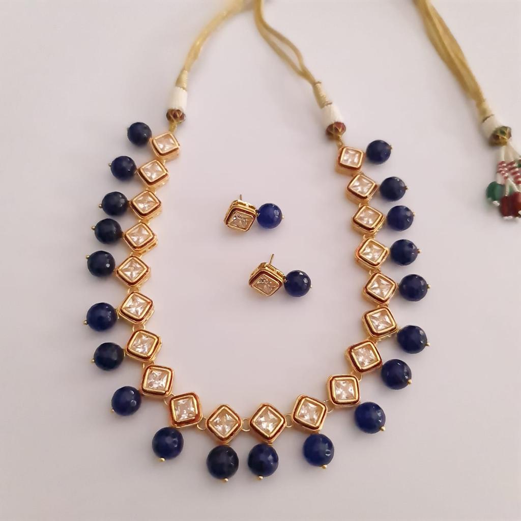 Blue stone kundan gold plated necklace with earring for women