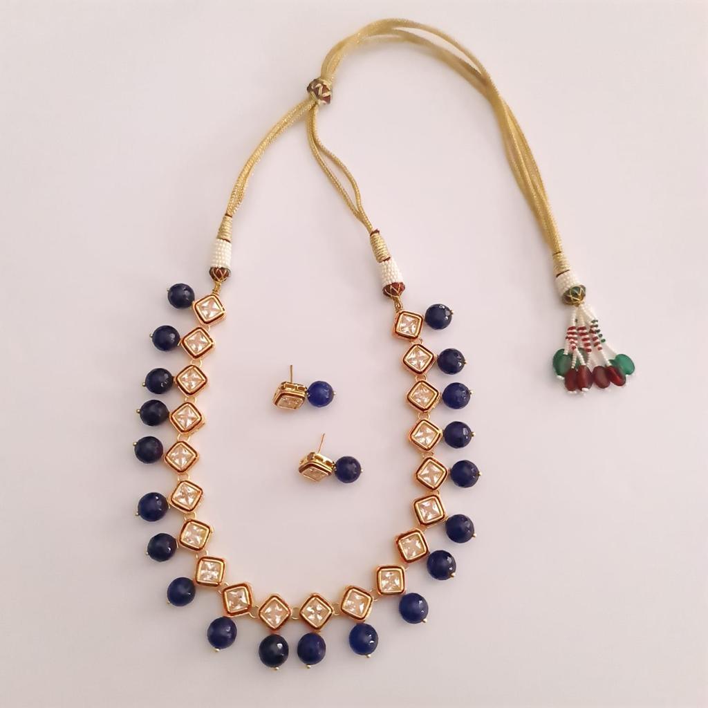 Blue stone kundan gold plated necklace with earring for women