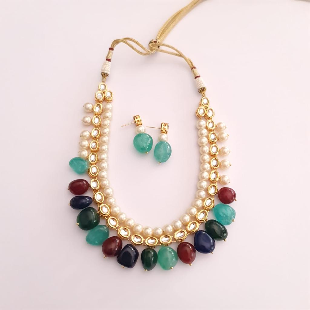 Square Kundan Pearl String Multicolor Tumble Party Wear Necklace