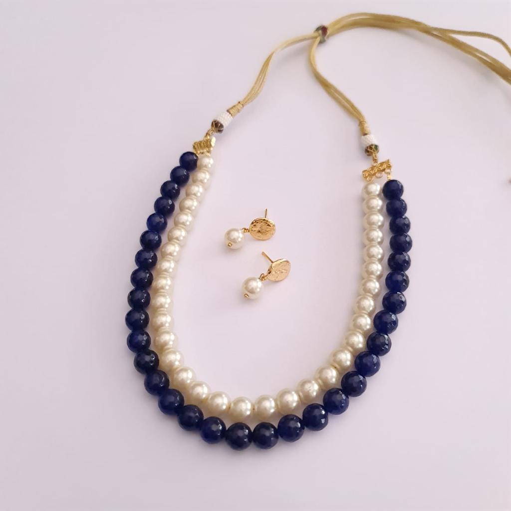 Blue & White Pearl String Necklace with Earring for Women