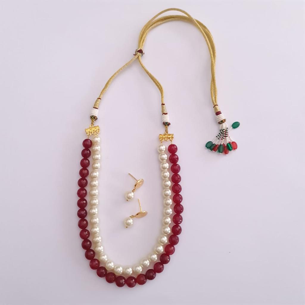 White Pearl With Red Stone Double String Necklace