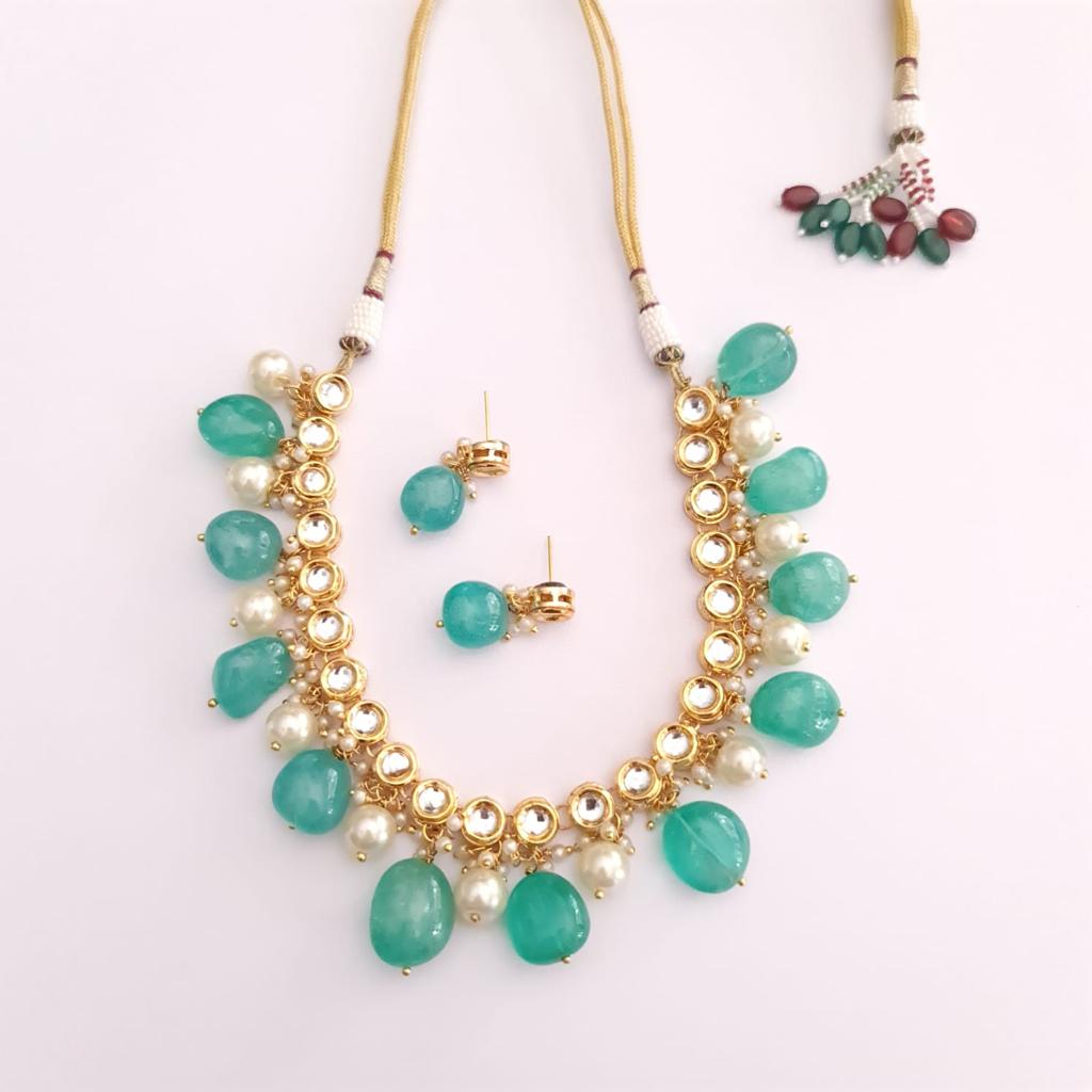 Aquamarine With Pearl And Kundan String Party Wear Necklace