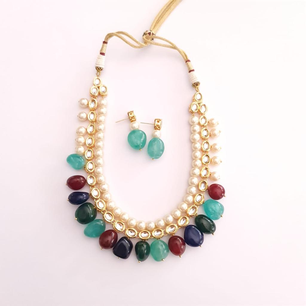 Square Kundan Pearl String Multicolor Tumble Party Wear Necklace