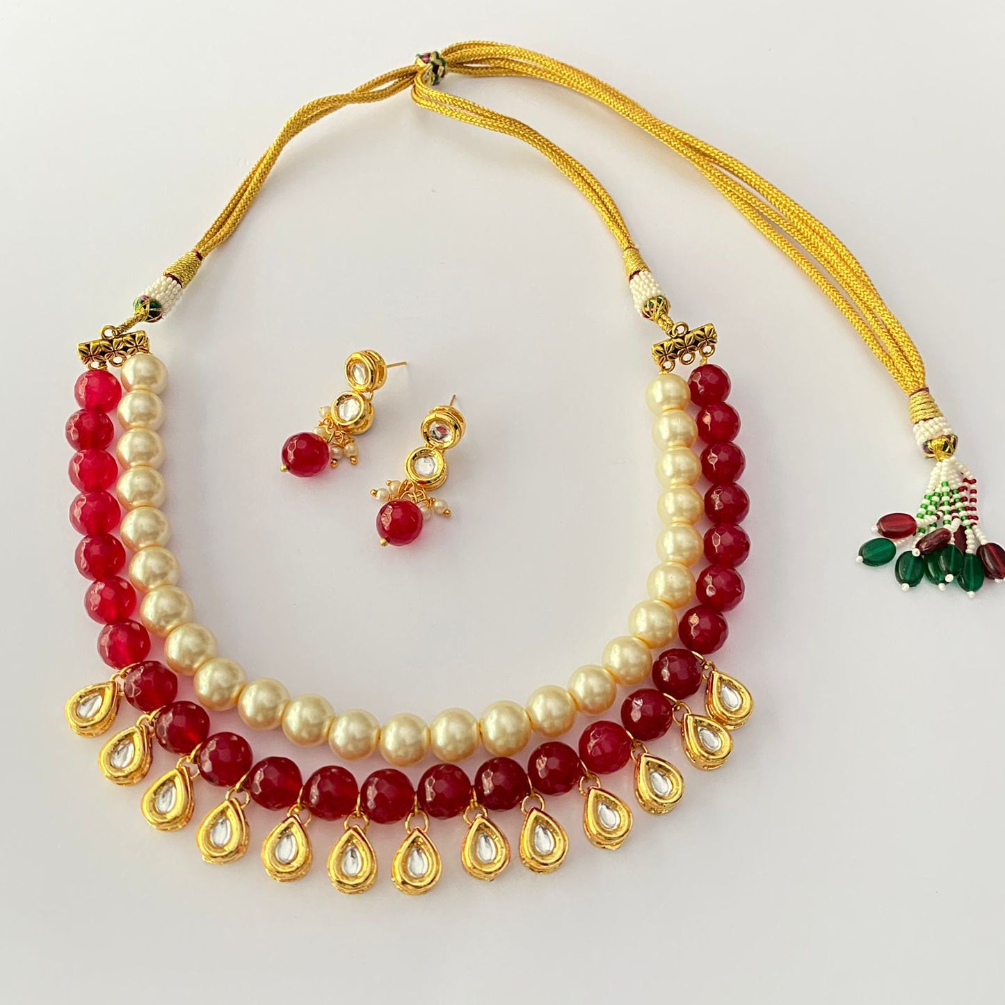 OFF-WHITE PEARL RUBY STONE KUNDAN DOUBLE STRING NECKLACE WITH EARRING