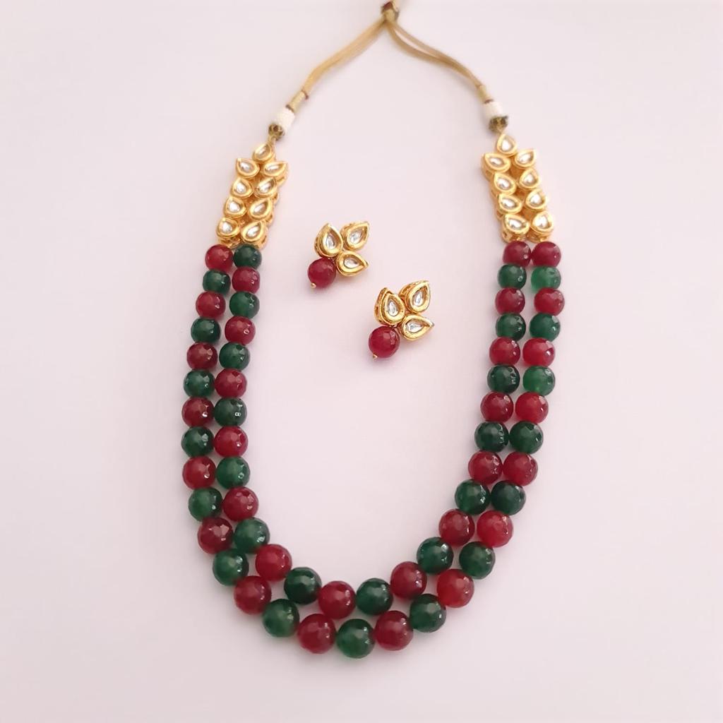 GREEN & RED STONE WITH KUNDAN DOUBLE STRING NECKLACE SET