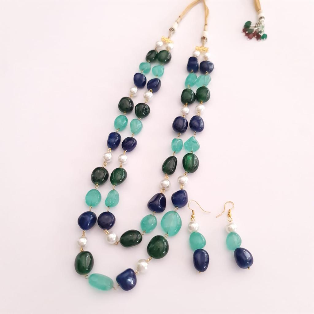 AQUAMARIN & Blue stone double string with peal long Necklace