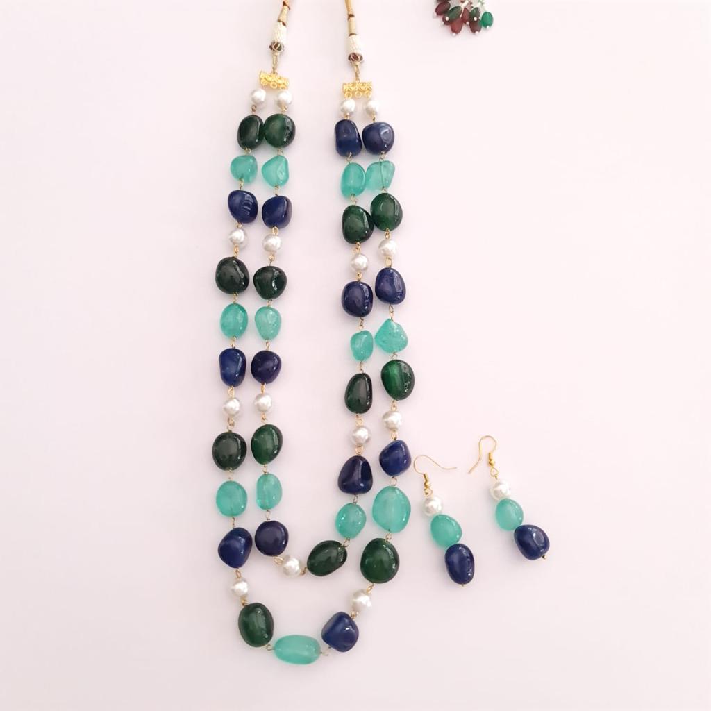AQUAMARIN & Blue stone double string with peal long Necklace