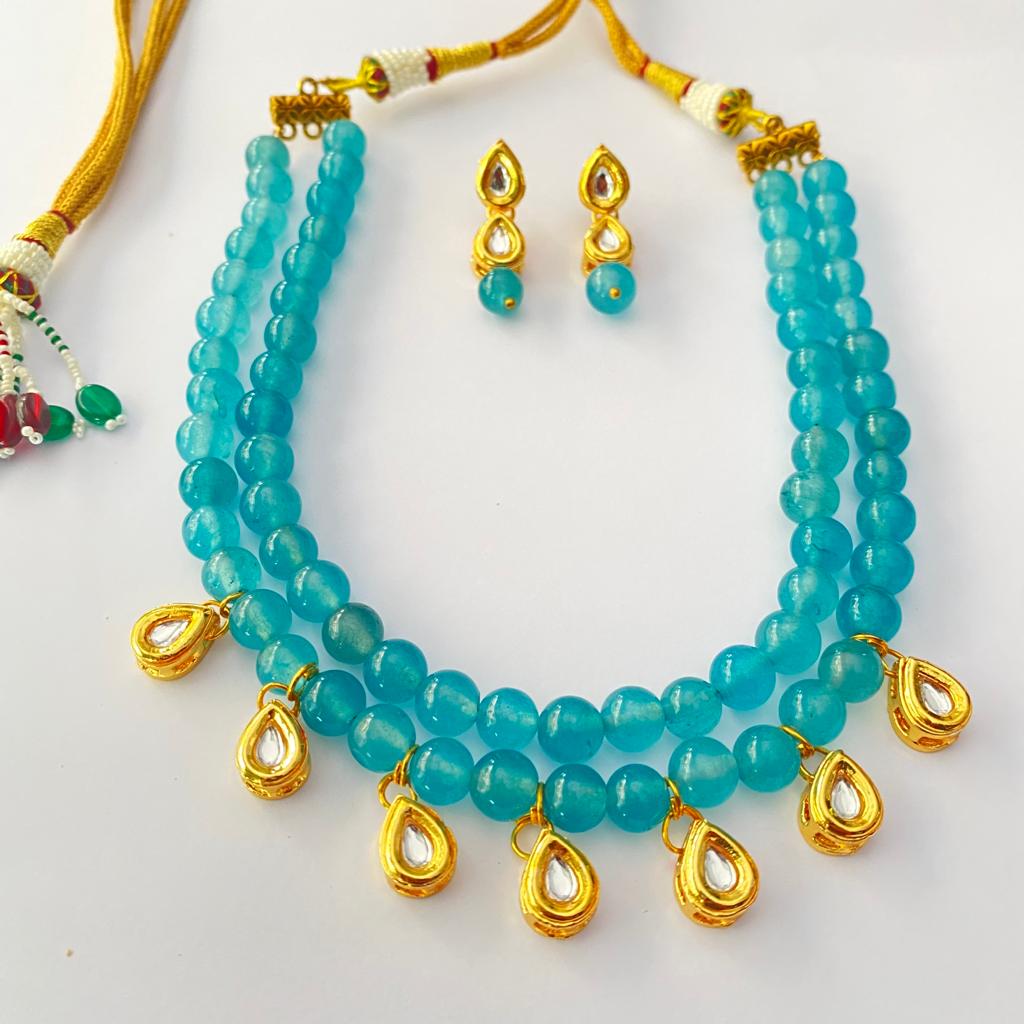 Aquamarine Stone Double String with Kundan Necklace Set