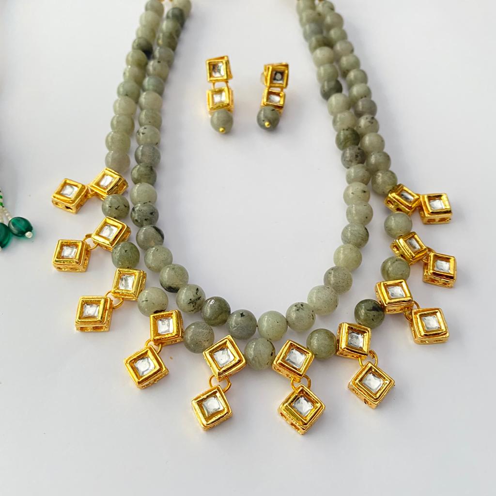 Kundan Gold Plated Grey Double String Necklace Set