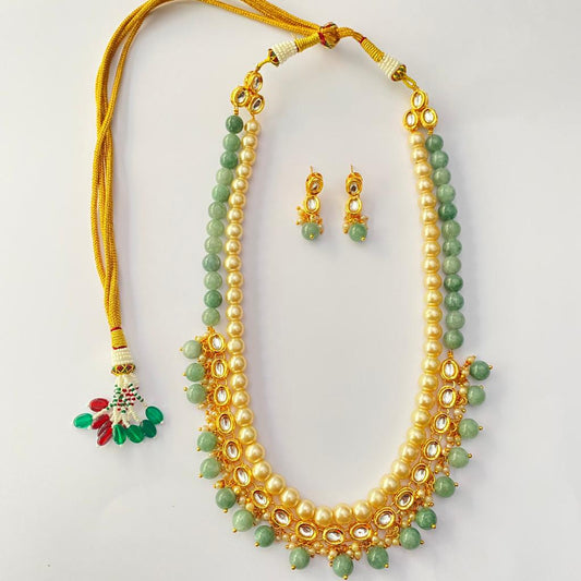 Off White Pearl Kundan Gold Plated with Green stone Necklace set