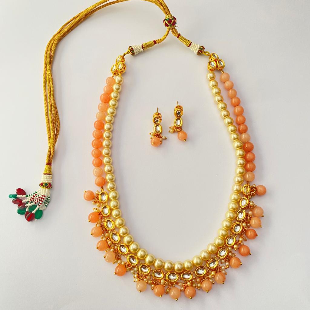 Off White pearl orange stone with kundan gold plated Double string Necklace