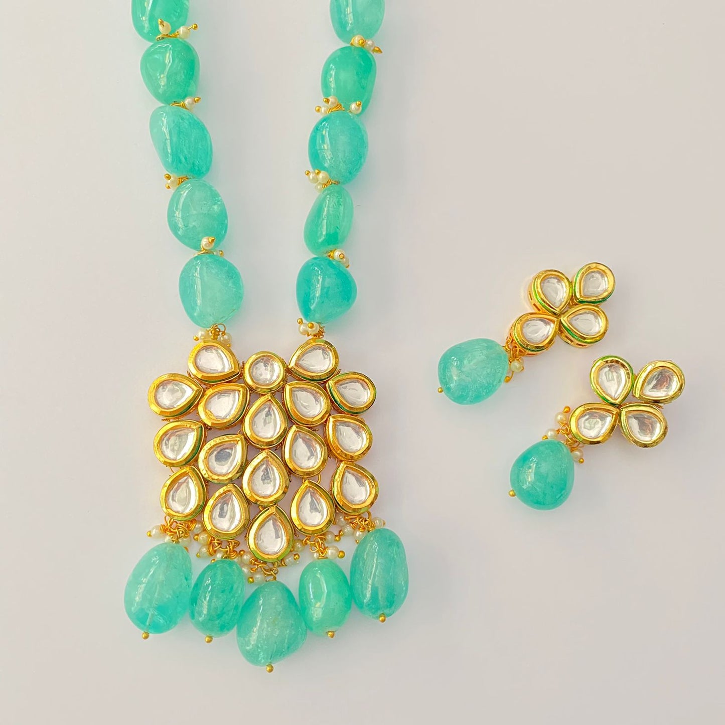 Aquamarine Polki With Gold Plated Long Necklace.