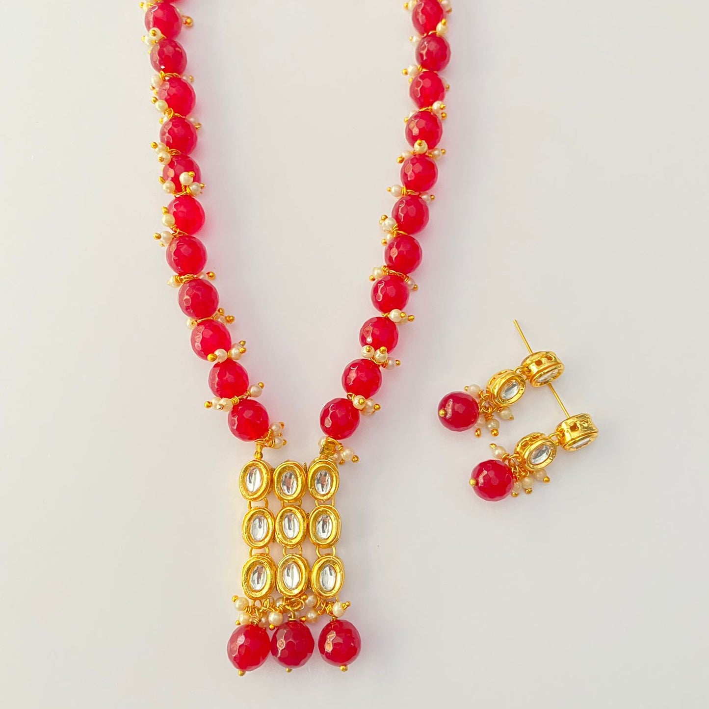 GOLD PLATED KUNDAN POLKI RUBY PEARL NECKLACE