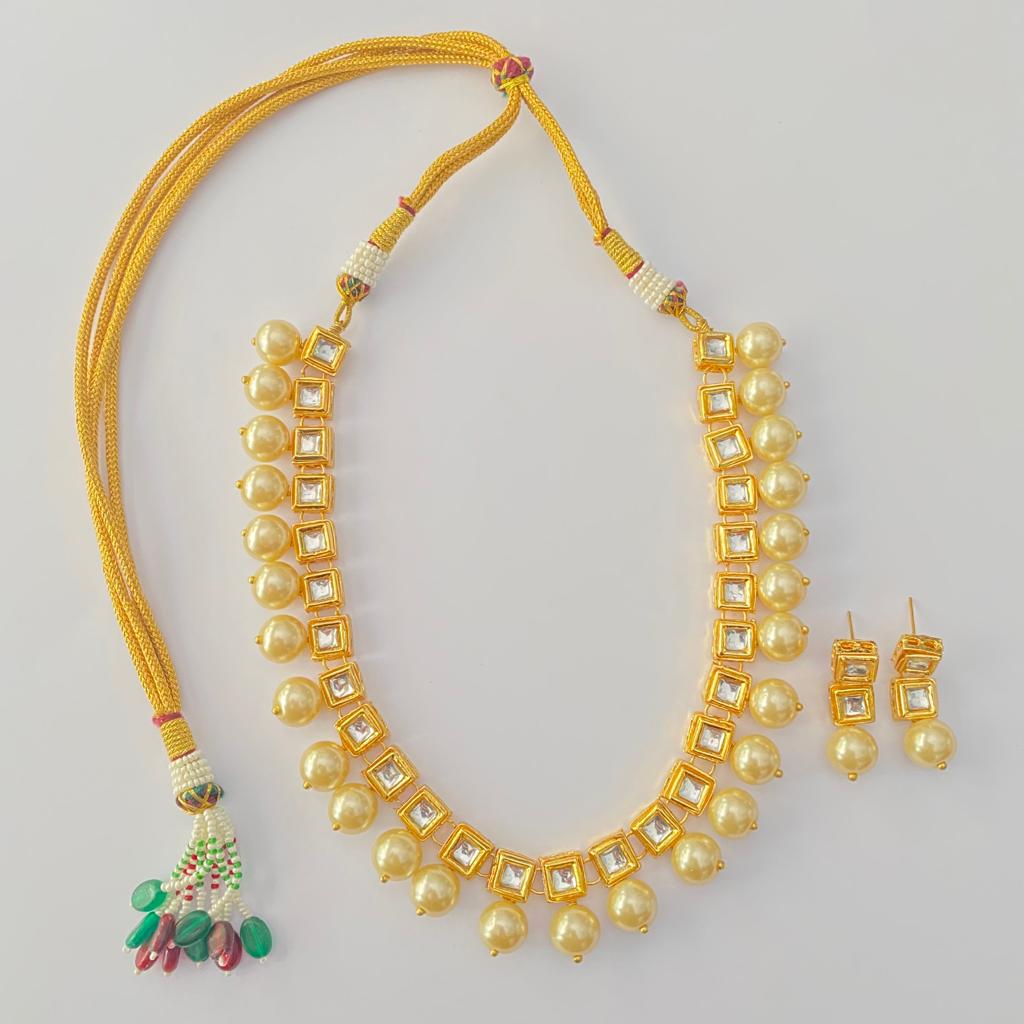 Kundan Square With Off White Pearl Necklace set For Women