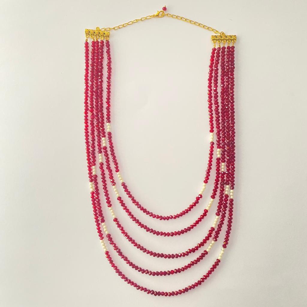 Pink And White Stone Multi String Necklace Set