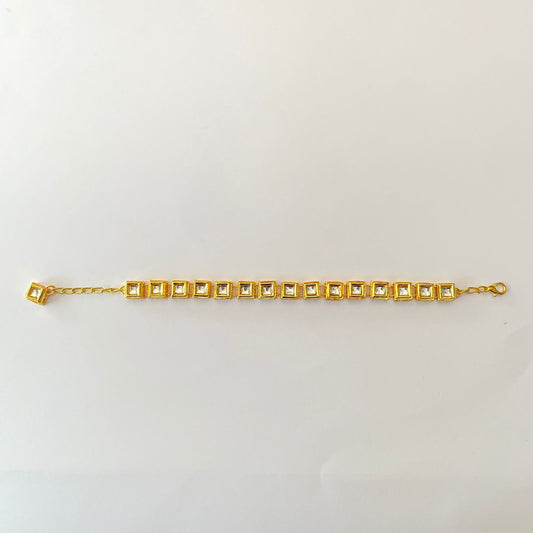 Gold Plated Kundan Pearl Square Shape Bracelet