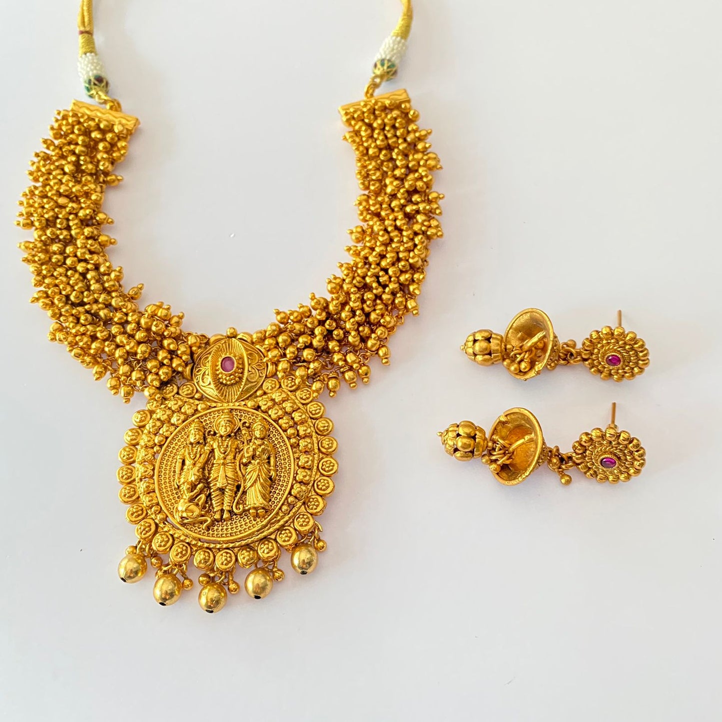 Gold Plated Goddess Temple Pink Stone Necklace With Jhumka Set