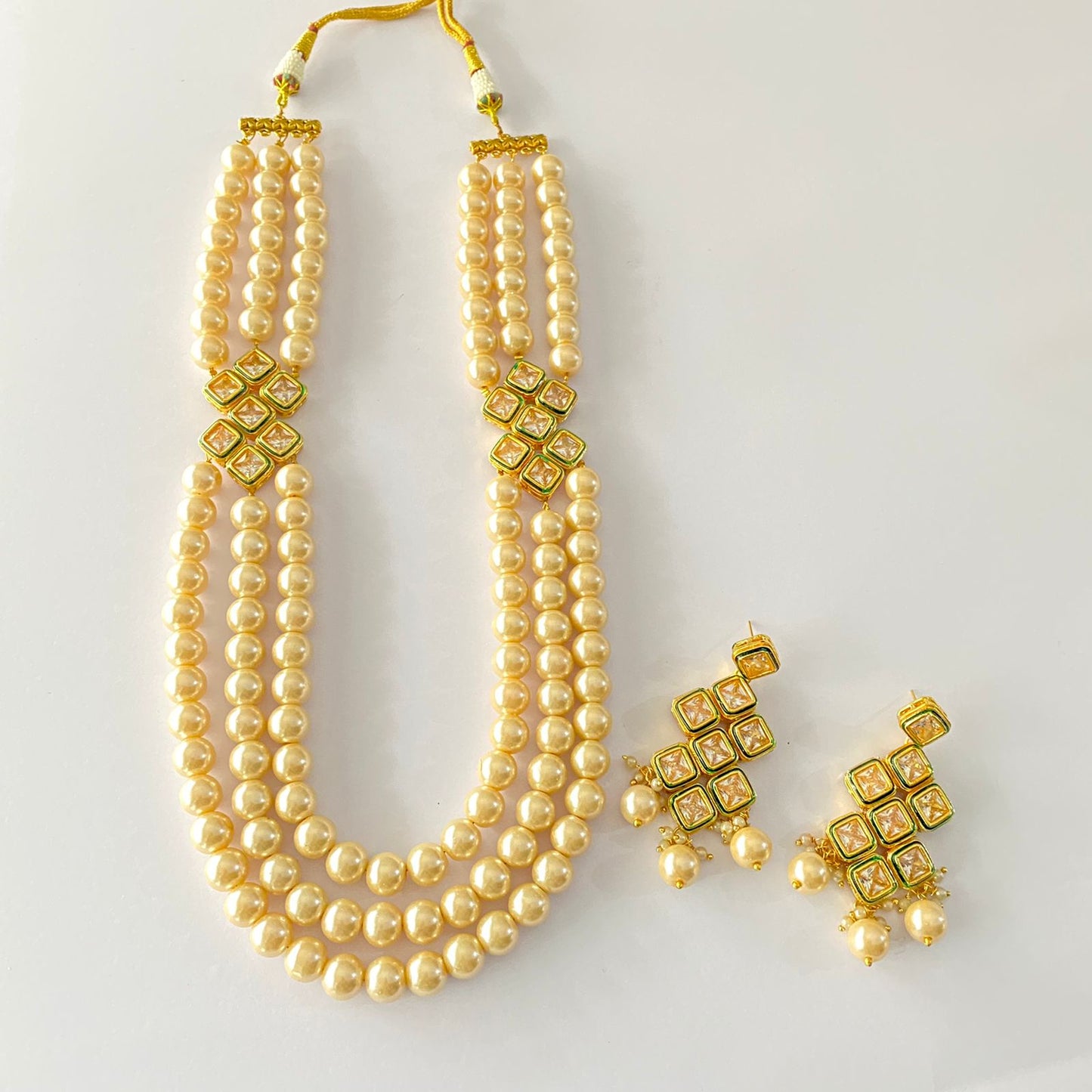 Pearl Kundan Three Strand Necklace Set