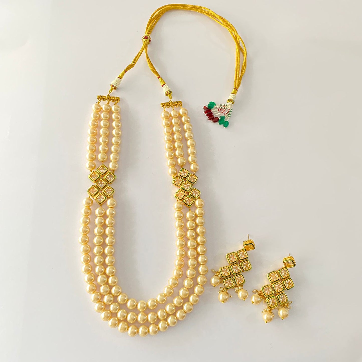 Pearl Kundan Three Strand Necklace Set