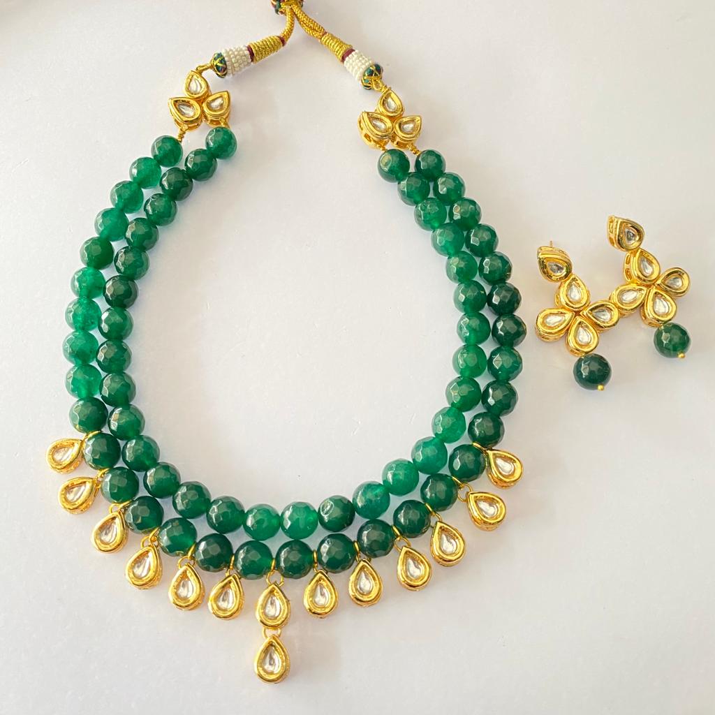 Kundan Emerald Double string Necklace Set