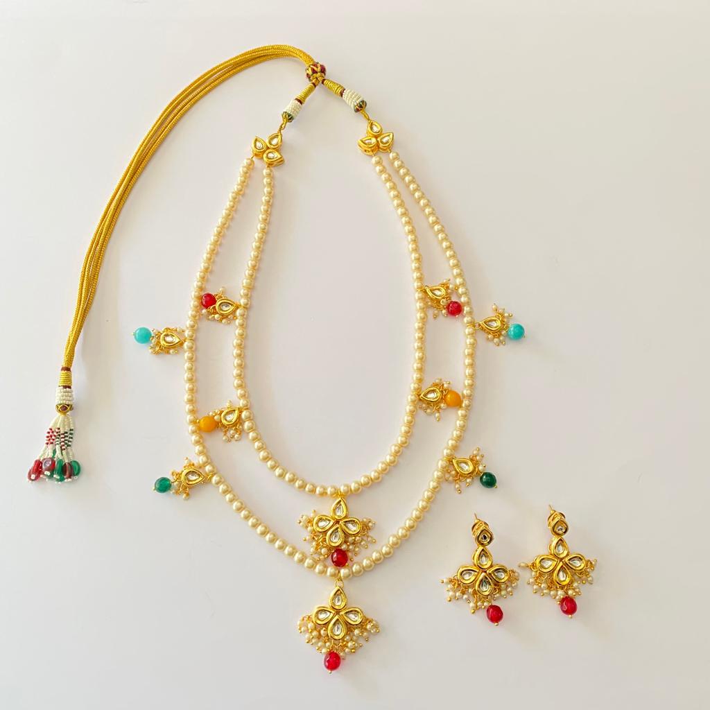 Kundan With Off White Pearl Multi Necklace Set