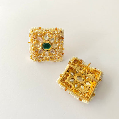 White Moti Beads Gold Plated Emerald Stone Stud