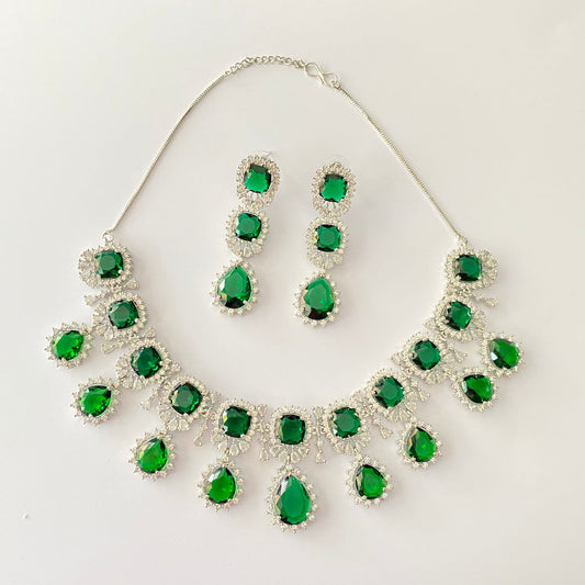 Diamond Silver Plated Emerald Necklace