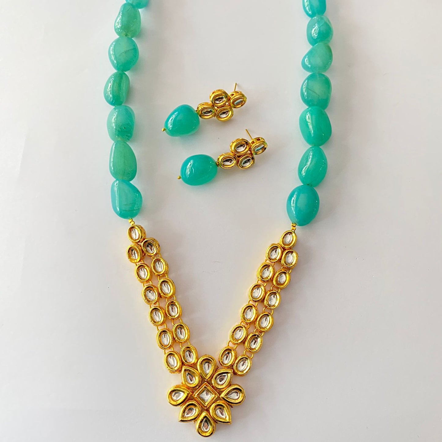 Gold Plated Kundan Aquamarine Necklace
