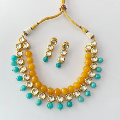Kundan Yellow & Firoza Pearl Necklace