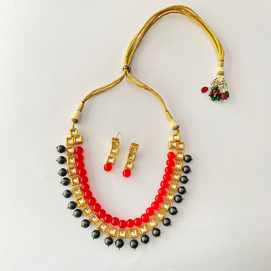 Gold Plated Square Kundan Ruby & Black Pearl Necklace