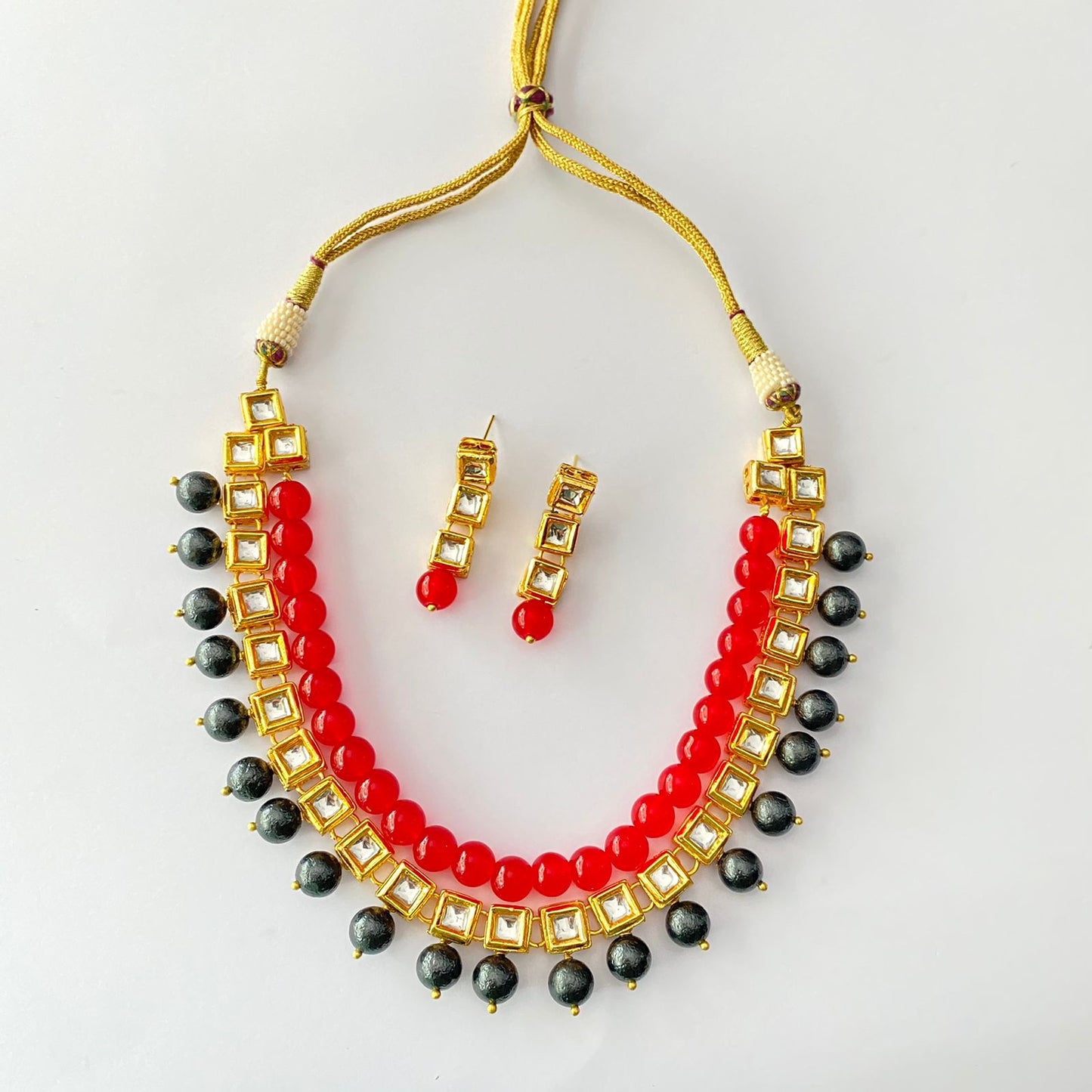 Gold Plated Square Kundan Ruby & Black Pearl Necklace