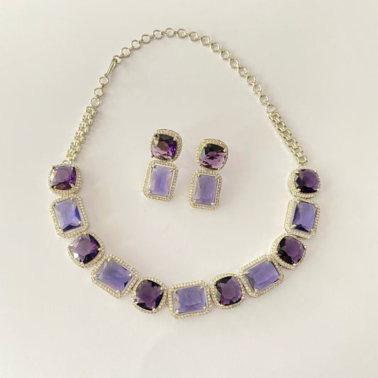 Silver Plated Amethyst Diamond Necklace Set