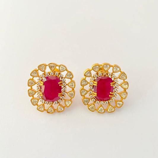 Ruby Polki Gold Plated Stud With Back Clip