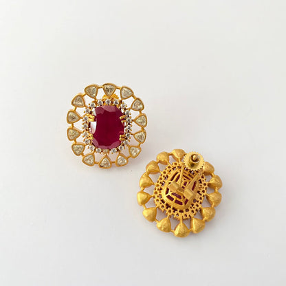 Ruby Polki Gold Plated Stud With Back Clip