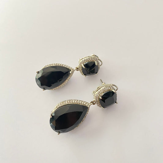 Black Diamond Silver Plated With Back Clip Earring