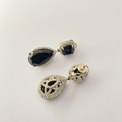 Black Diamond Silver Plated With Back Clip Earring