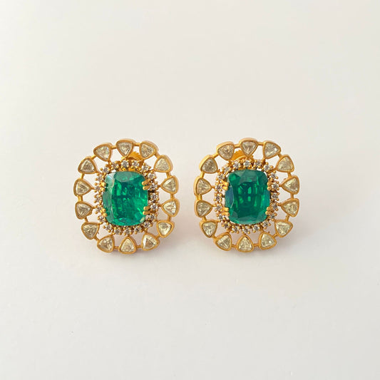 Emerald Polki Gold Plated Stud With Back Clip