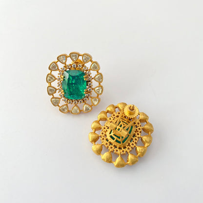 Emerald Polki Gold Plated Stud With Back Clip