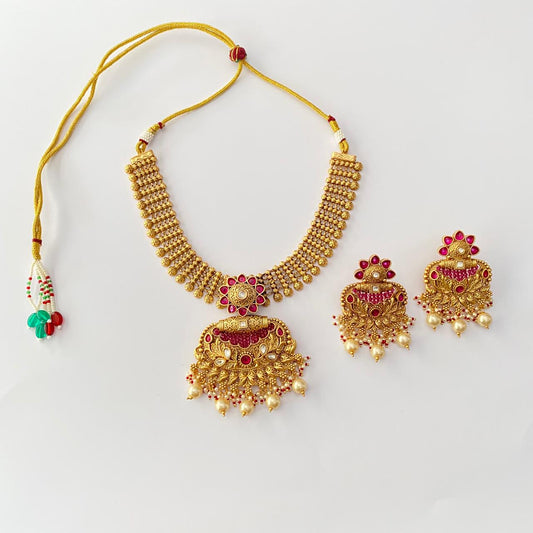 Gold Plated Traditional With Off white Ruby Necklace Set