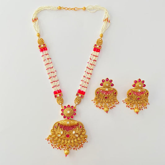 Gold Plated With ruby Traditional long Necklace Set