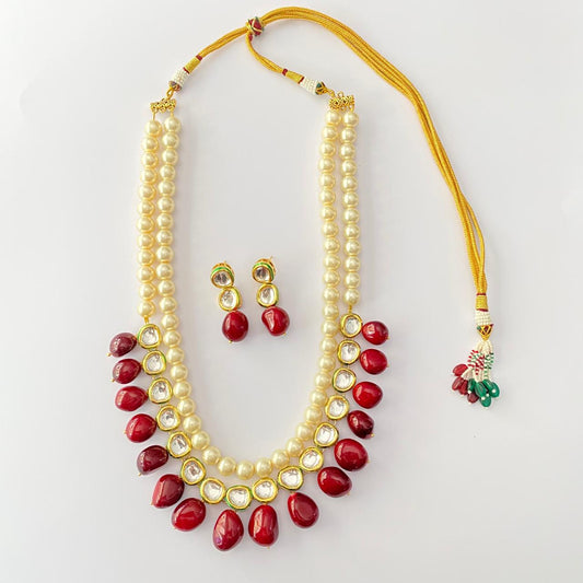 Pearl ruby Polki Double Layer Long Necklace Set
