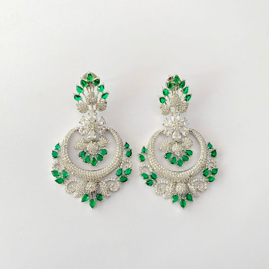 Silver Plated Emerald Diamond Chand Bali