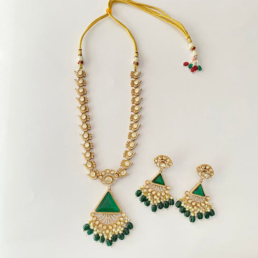 Polki Diamond Emerald Long Necklace Set