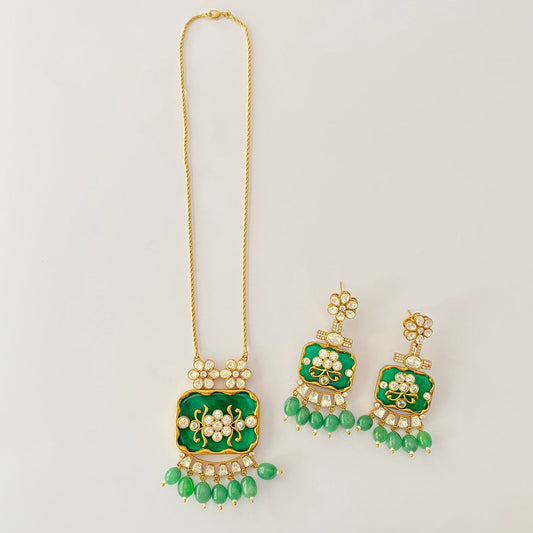 Emerald Meenakari Drop Pearl Polki Necklace Set