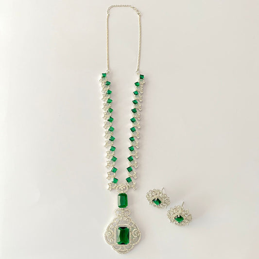 Silver Plated Emerald Diamond Long Necklace Set