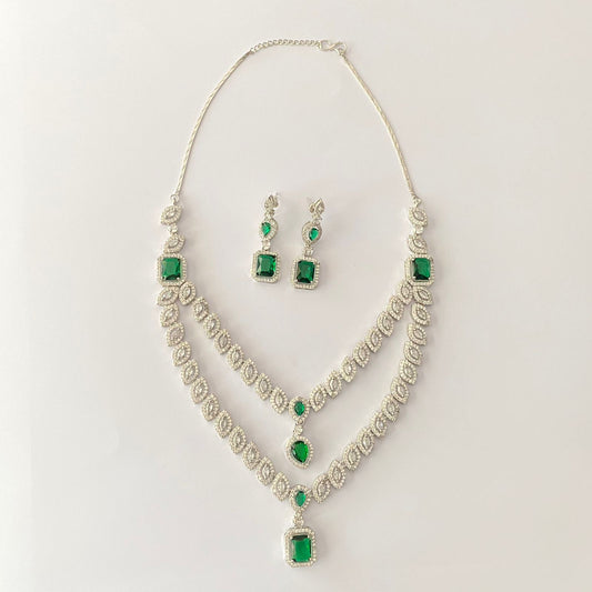 Diamond Silver Plated Emerald Necklace Set