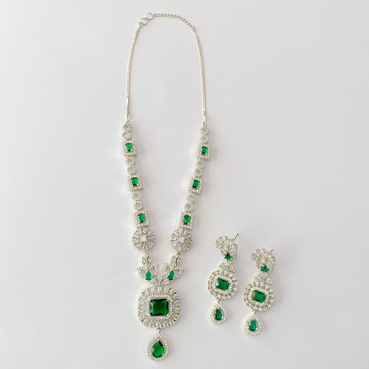 Silver Plated Diamond Emerald Necklace Set