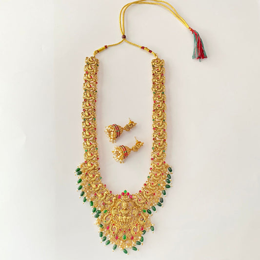 Gold Plated Emerald Drop Pearl Ruby Gold Plated Laxmi Temple Necklace Set