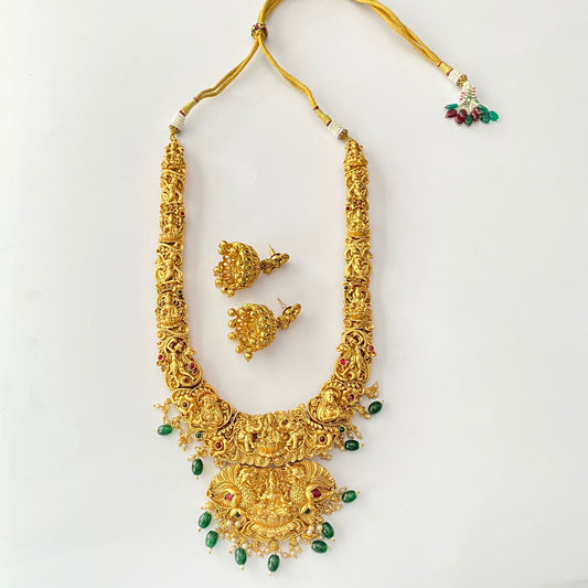 Gold Plated Emerald Drop Pearl Temple Necklace Set