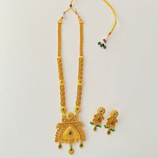 Emerald Gold Plated Temple Long Necklace  Set